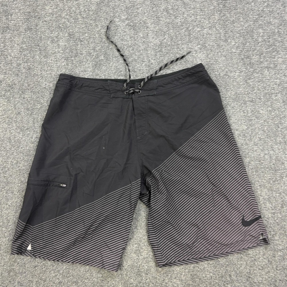 Nike‎ Board Shorts Mens 38 Black Striped Swim Trunks Drawstring Pocket Stretch